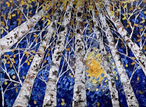 Maya Eventov "Birch Looking Up Forests Glow 2" 36×48, original on canvas, acrylic palette-knife impasto, birch forest