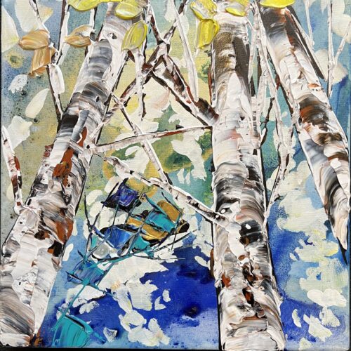 Maya Eventov "Spectrum Birch Looking Up 5" 12x12 original on canvas, acrylic palette-knife, birch forest