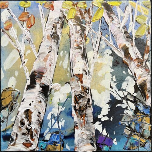 Maya Eventov "Spectrum Birch Looking Up 6" 12x12 original on canvas, acrylic palette-knife, birch forest