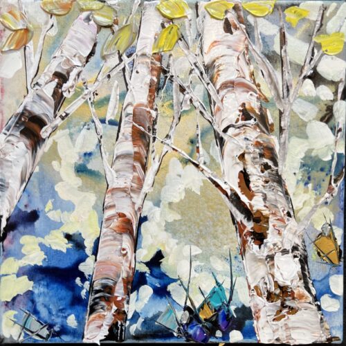 Maya Eventov "Spectrum Birch Looking Up 7" 12x12 original on canvas, acrylic palette-knife, birch forest