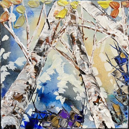Maya Eventov "Spectrum Birch Looking Up 8" 12x12 original on canvas, acrylic palette-knife, birch forest