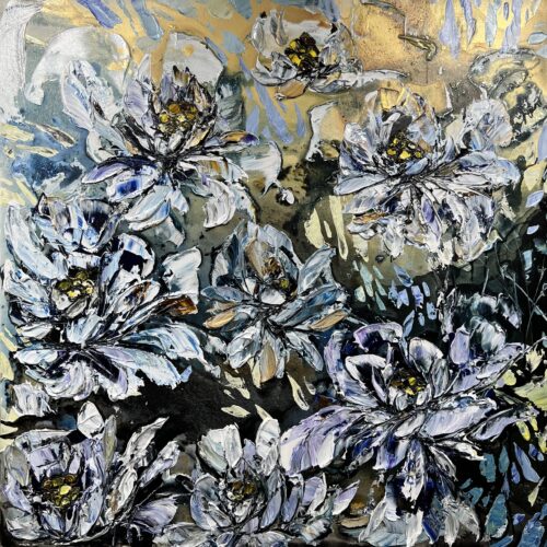 Maya Eventov "Floral White Spectrum" 36x36, original on canvas, acrylic palette-knife impasto, floral abstract