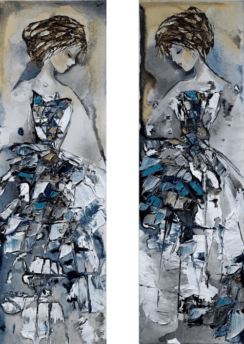 Maya Eventov Abstract Ballerina Dancer Pair 40x12, original on canvas, , acrylic palette-knife impasto, floral