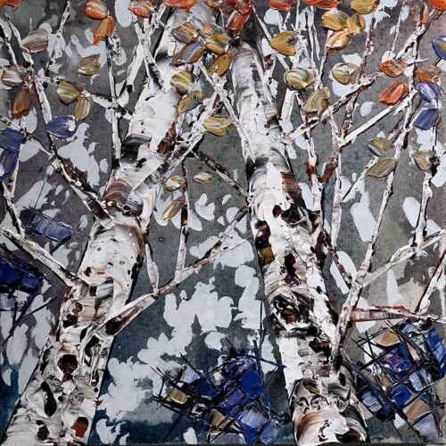 Maya Eventov Spectrum Birch Looking Up 3 16x16, original on canvas, acrylic palette-knife impasto, birch