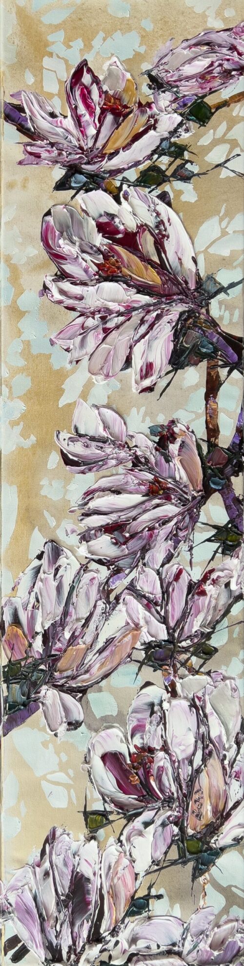 Maya Eventov Floral Spectrum Magnolia 1 48x12 acrylic on canvas, palette-knife impasto