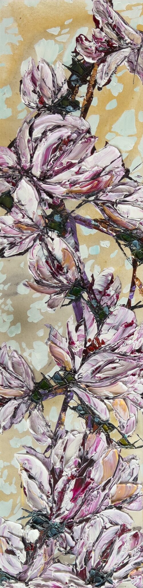 Maya Eventov Floral Spectrum Magnolia 2 48x12 acrylic on canvas, palette-knife impasto