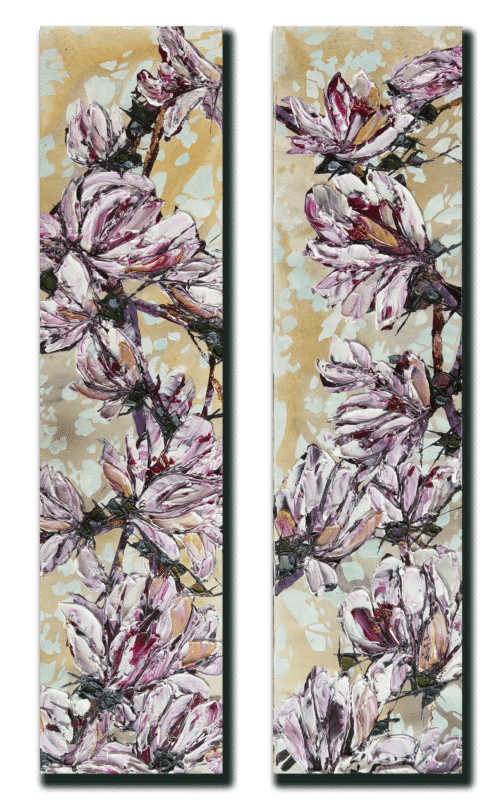 Maya Eventov Floral Spectrum Magnolia Pair acrylic on canvas, palette-knife impasto