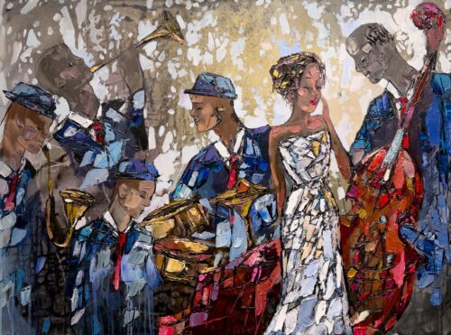 Maya Eventov Jazz Quintet 36x48 acrylic on canvas, palette-knife impasto