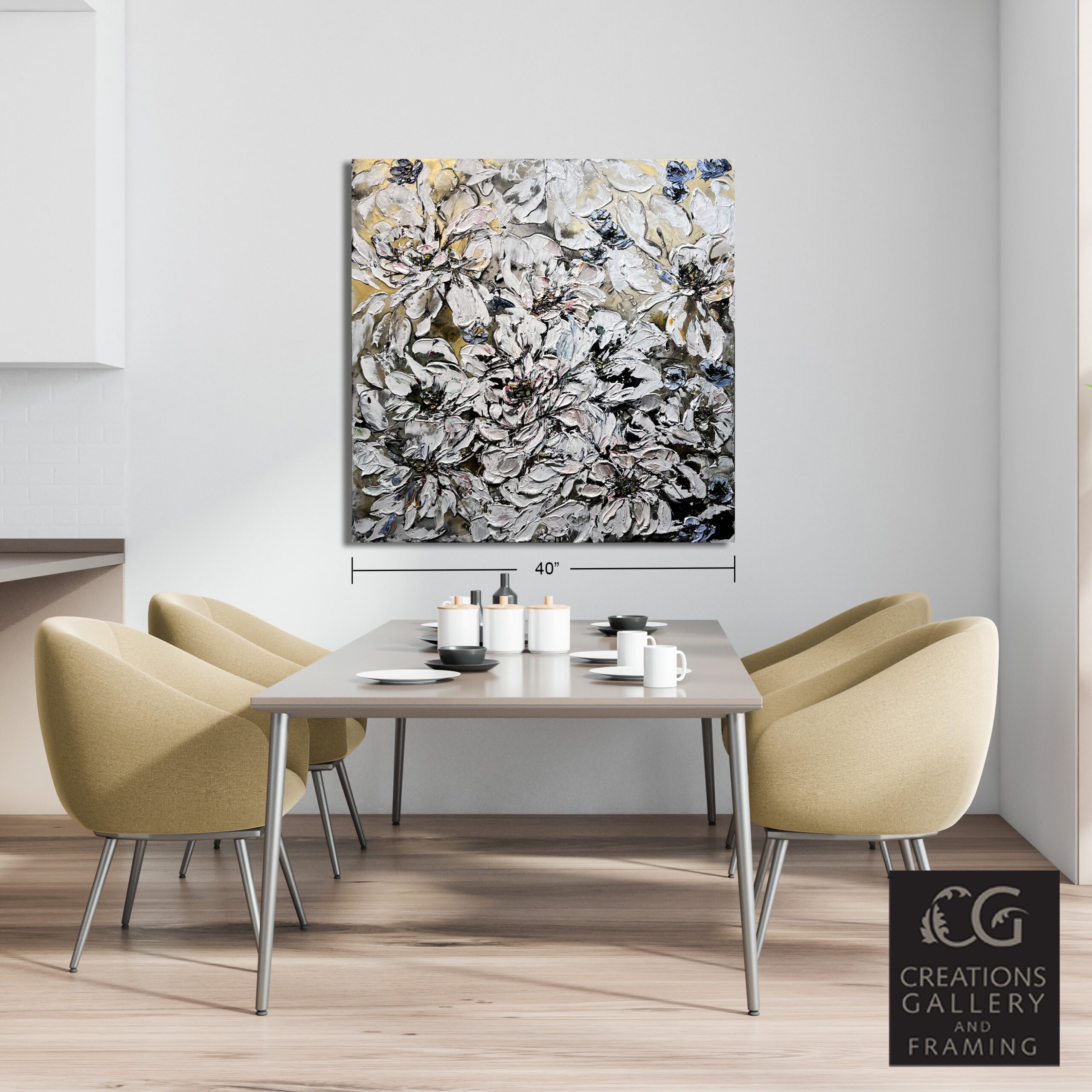Maya Eventov Floral White and Gold 2 40x40 Room View 6682