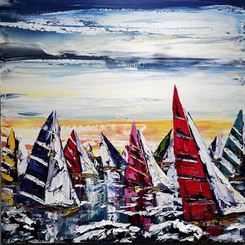 Maya Eventov Sailing Boats Regatta 36x36 acrylic on canvas, palette-knife impasto