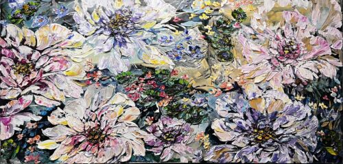 Maya Eventov Petal Chorus (30x60), acrylic on canvas, palette-knife impasto, abstract floral