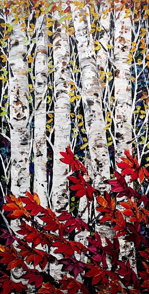Maya Eventov Birch Night Birch 60x30 acrylic on canvas, palette-knife impasto, birch