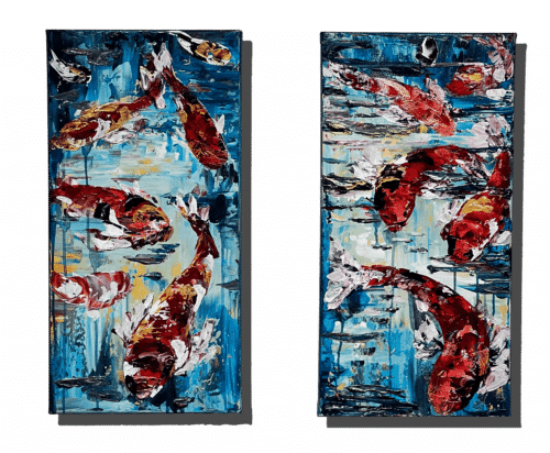 Maya Eventov Koi Pair 24x12 acrylic on canvas, palette-knife impasto, field Flowers